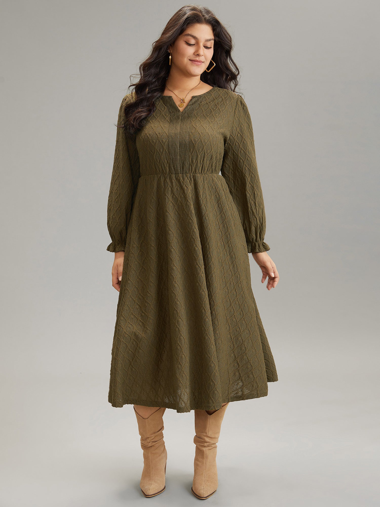 Textured Jacquard Notched Ruffle Sleeve Dress