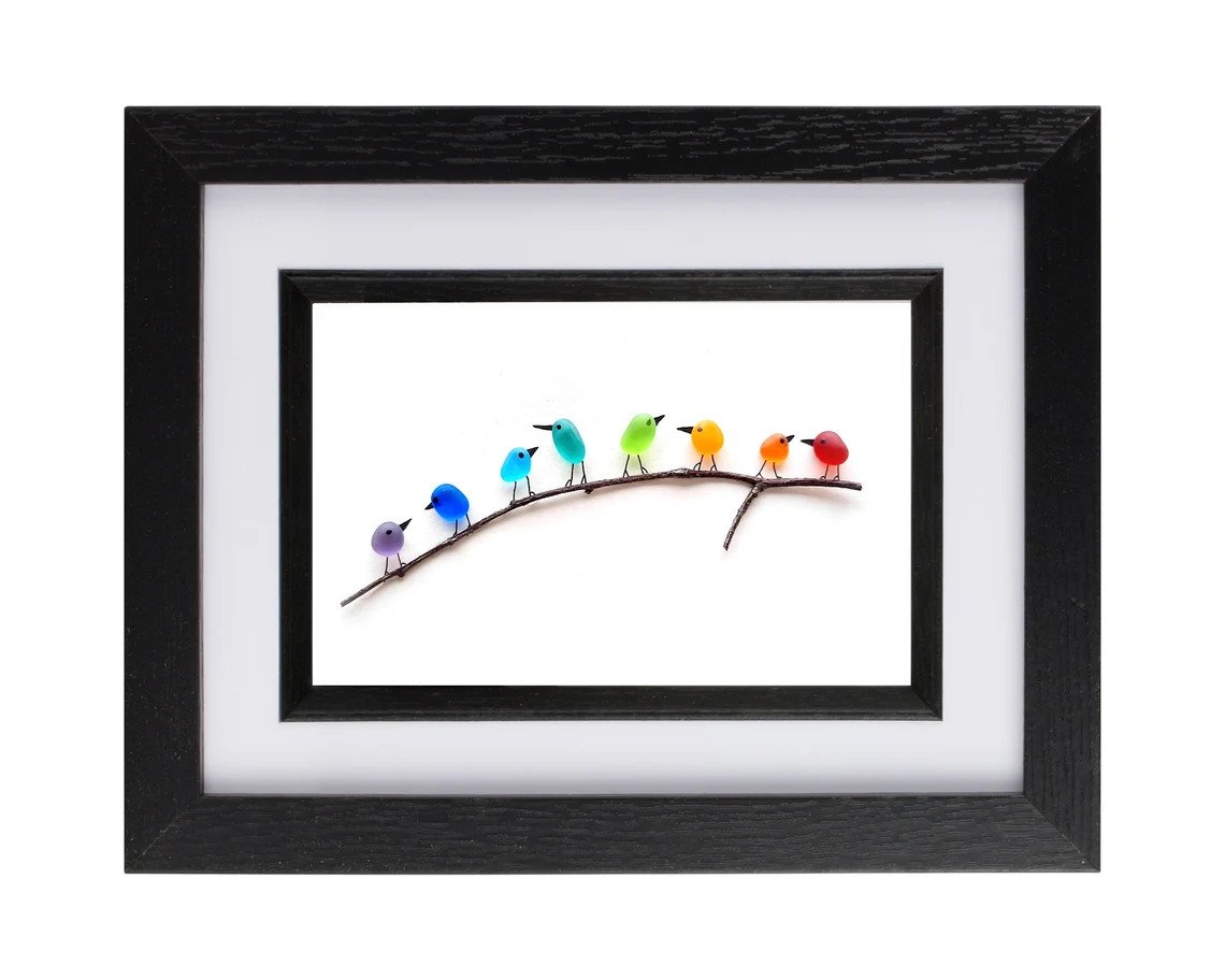 Sea glass rainbow birds -Framed unique handmade