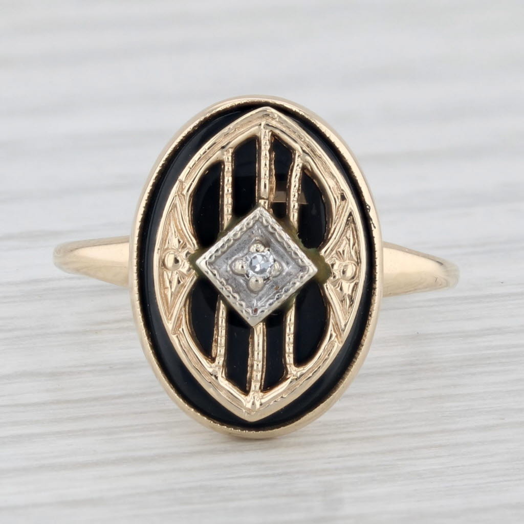 Vintage Onyx Signet Ring 10k Yellow Gold Diamond Accent