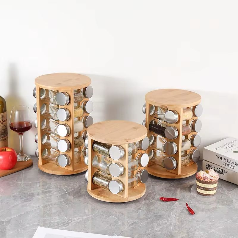 16 Pcs Rotating Wooden Spice Jar Set