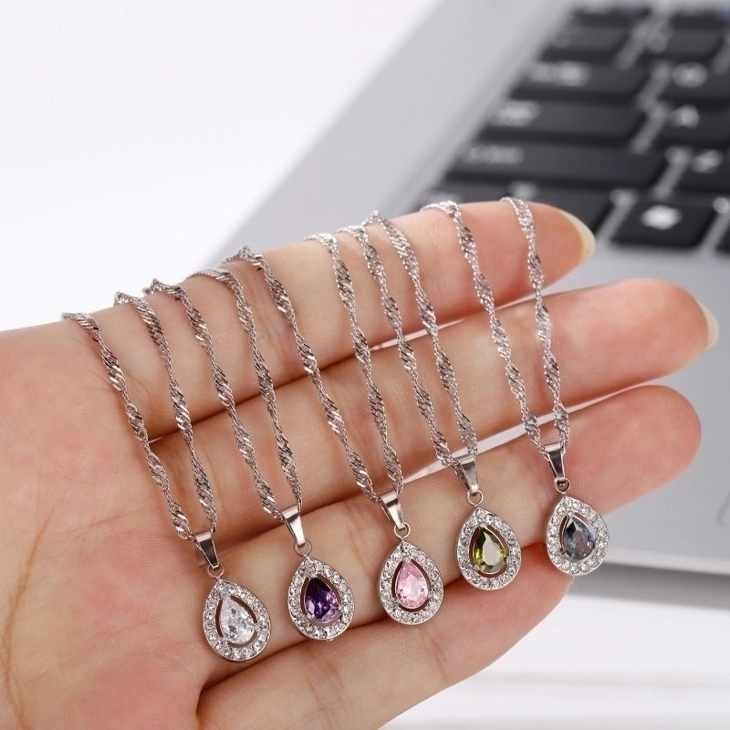 Titanium Steel Minimalist Classic Style Inlay Water Droplets Zircon Pendant Necklace