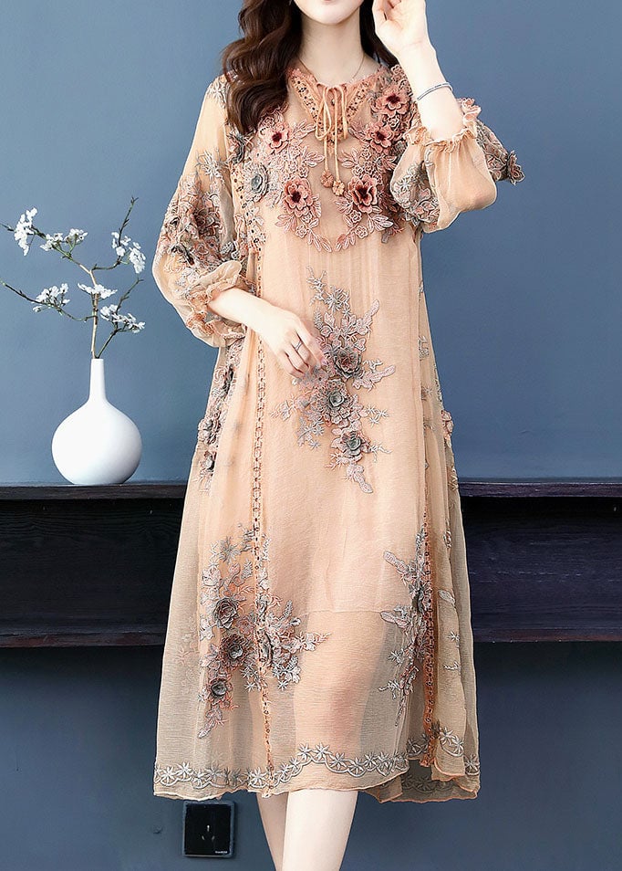 Handmade Apricot V Neck Embroidered Floral Silk Maxi Dress Long Sleeve