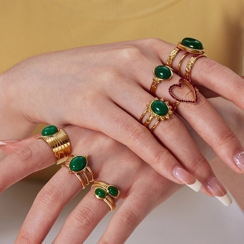 304 Stainless Steel 18K Gold Plated Retro Plating Inlay Heart Shape Solid Color Natural Stone Open Rings