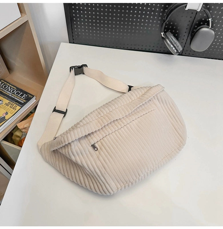Unisex Corduroy Stripe Solid Color Basic Cloud Shape Zipper Shoulder Bag