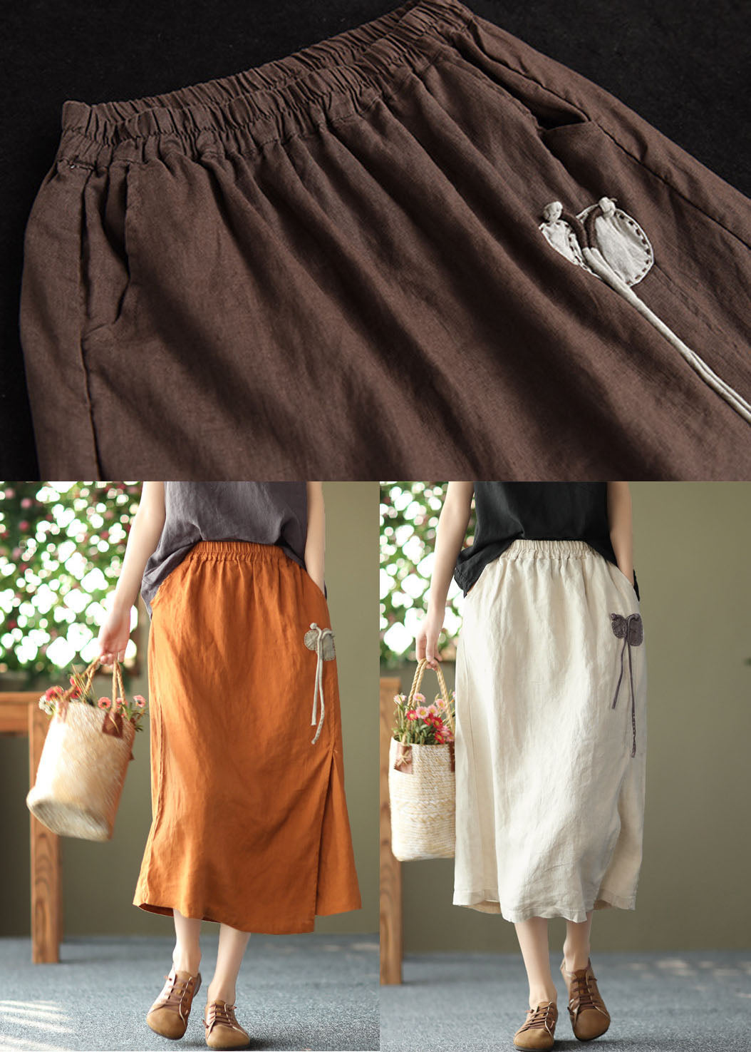 Handmade Orange Elastic Waist Oriental Button Linen Skirts Summer