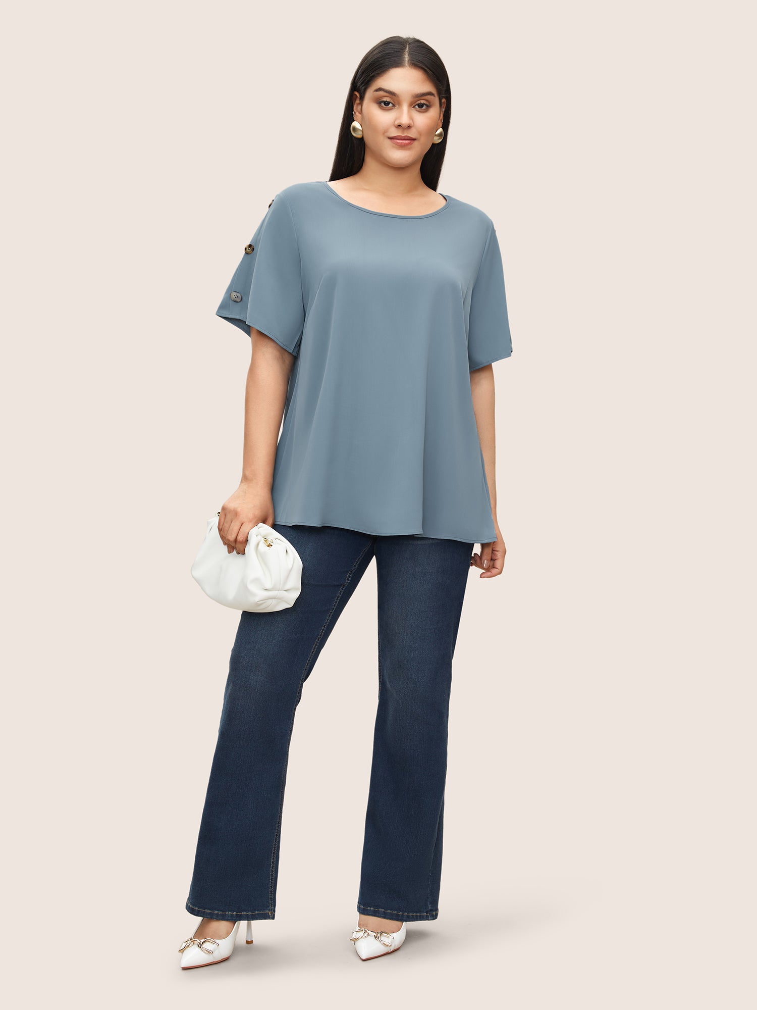 Plain Round Neck Button Detail Blouse