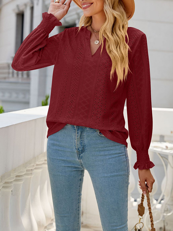 Long Sleeves Loose Elasticity Hollow Solid Color V-Neck T-Shirts Tops