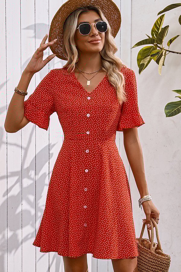 Fashion V Neck Floral Print Button Casual Dress