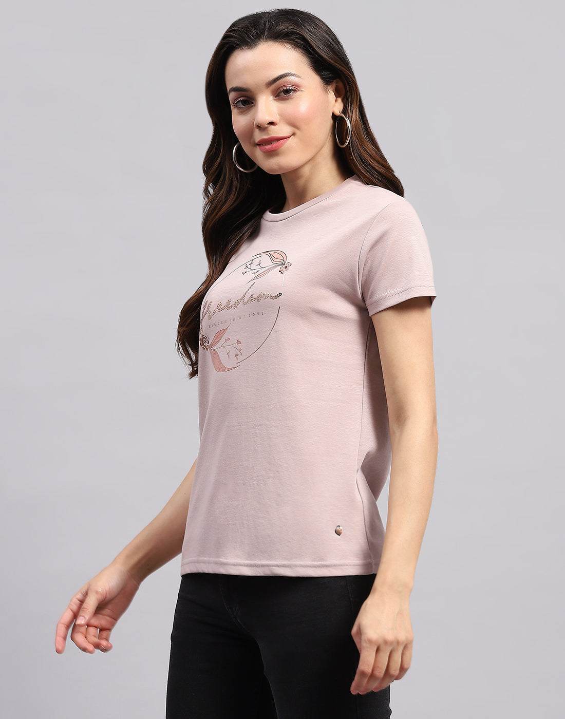 Women Pink Printed Round Neck Half Sleeve Top