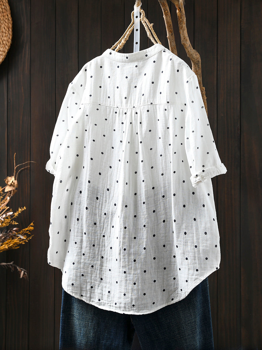 Women Summer Artsy Dot V-Neck 100%Cotton Shirt