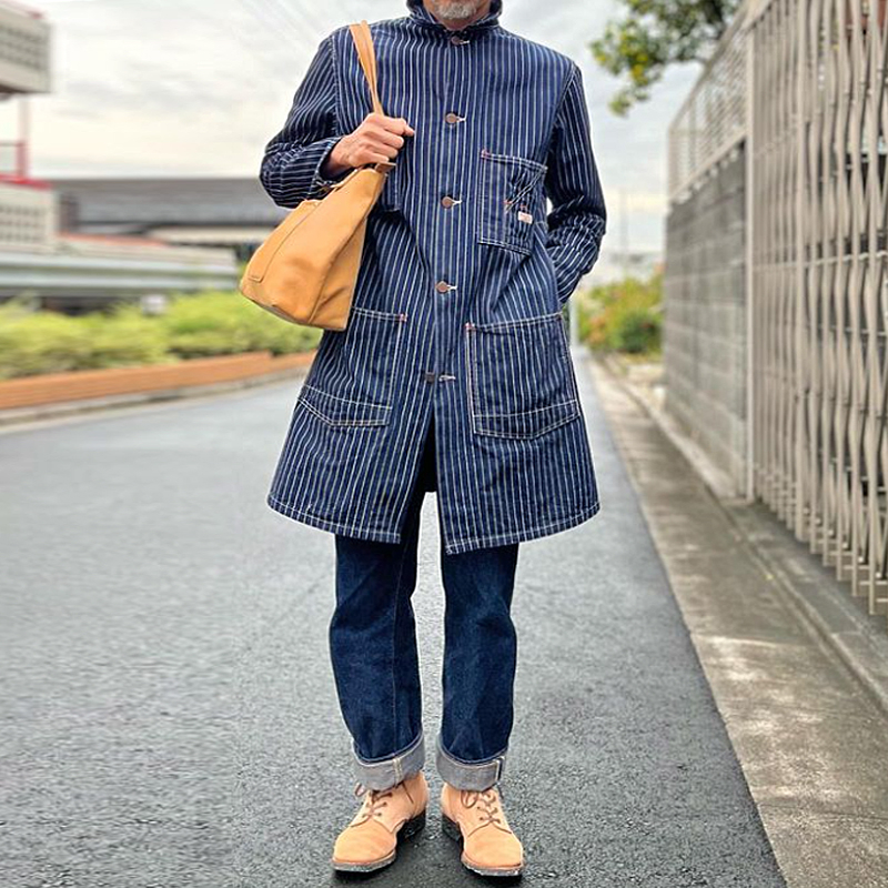 Vintage Striped Denim Mid Length Trench Jacket