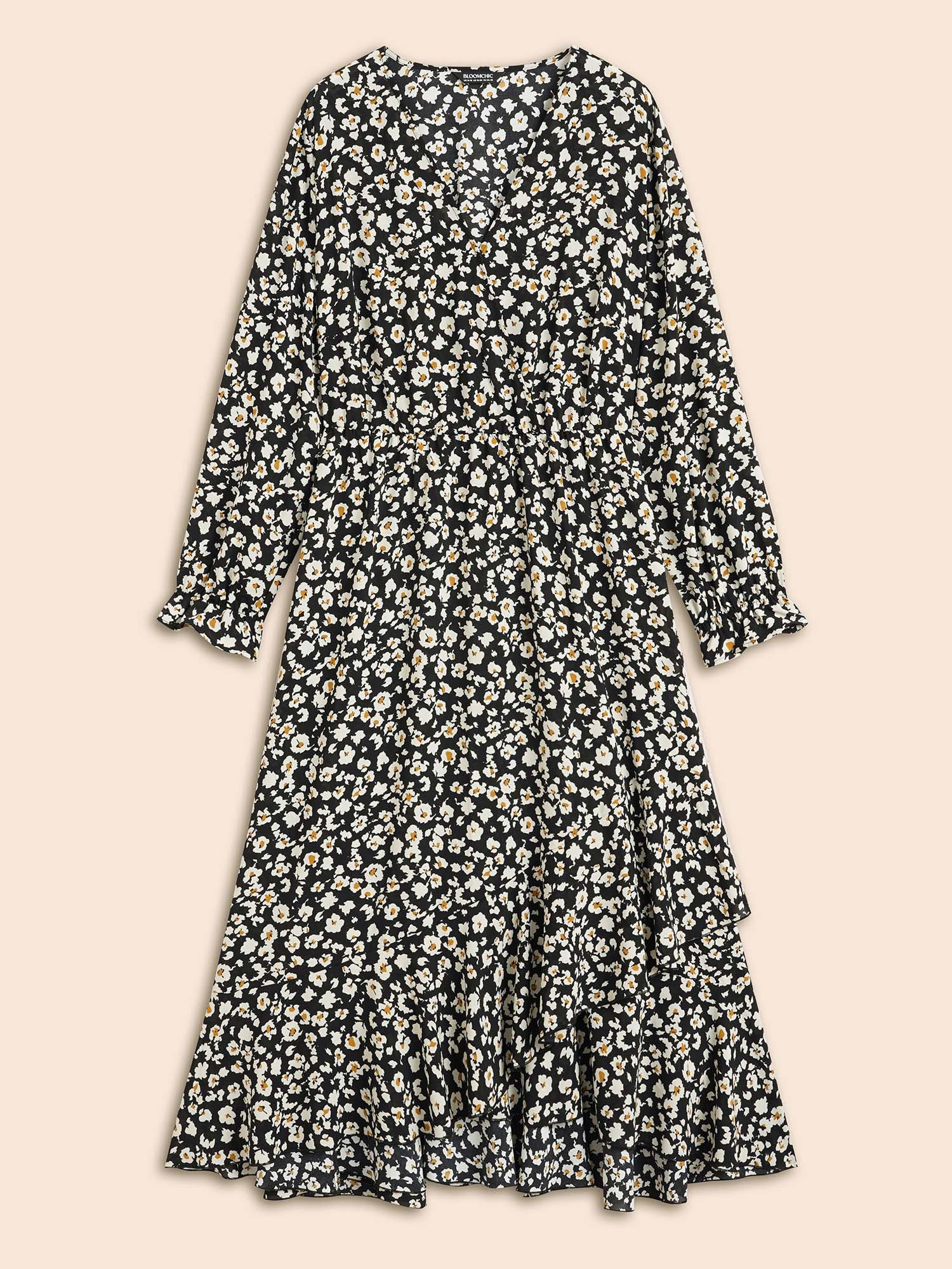 Ditsy Floral Overlap Collar Midi Dress