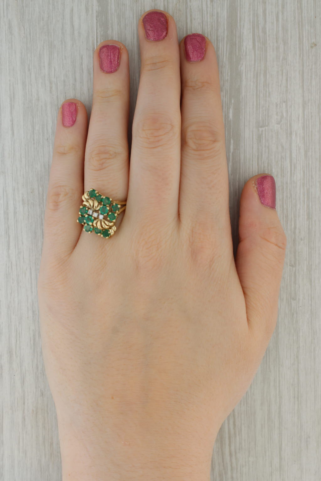 1.25ctw Emerald Diamond Cluster Flower Ring 14k Yellow Gold Size 12.75