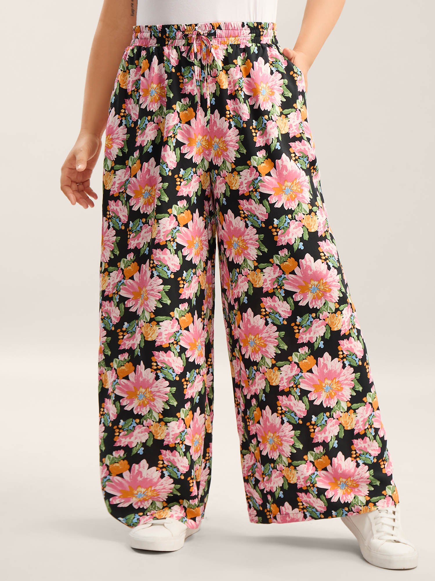 Rayon Blushing Floral Print Wide-Leg Pants
