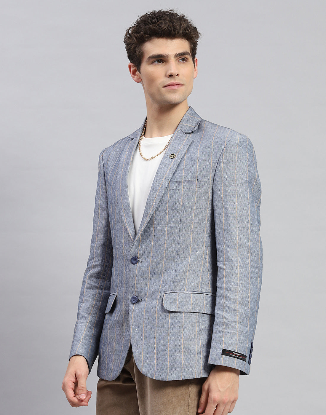 Men Grey Stripe Notch Lapel Collar Full Sleeve Blazer