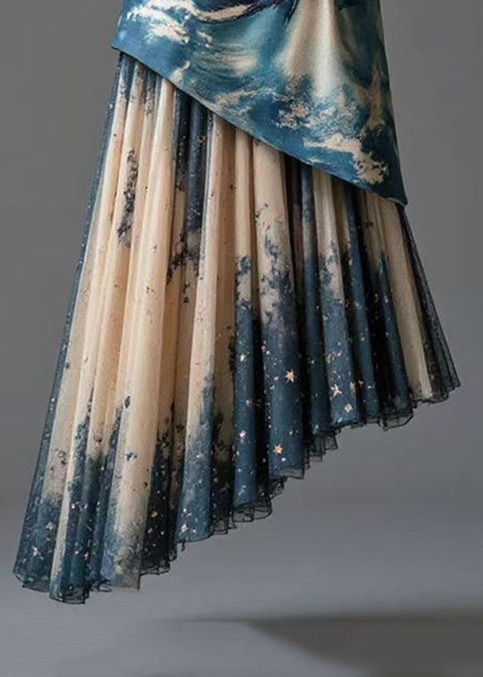Blue Print Patchwork False Two Pieces Tulle Skirt High Waist Summer