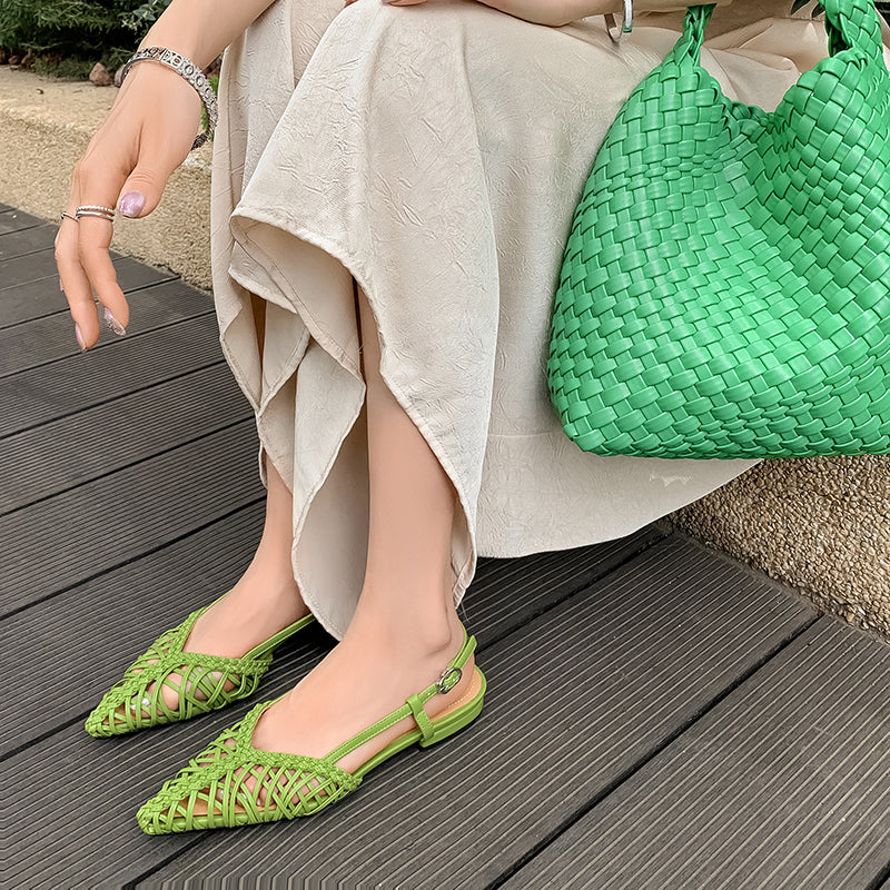 Women's Woven Pointed Toe Slingback Flat Sandals Breathable Summer Shoes in Green/Silver/Yellow/Gunmetal