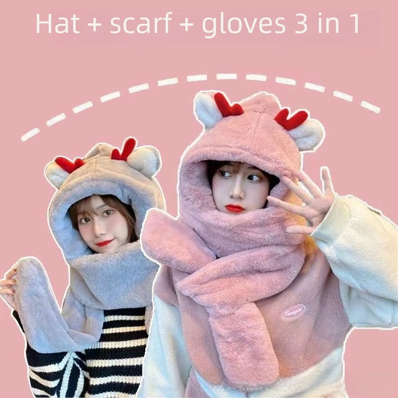 Hat Scarf Gloves Integrated Hat Autumn And Winter  Versatile Warm Toe Cap Winter Cute Plush Double Layer Hat For Women