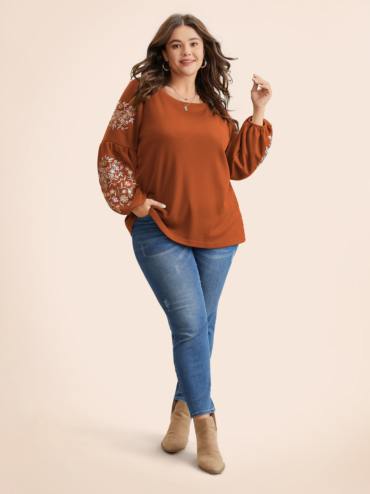 Waffle Knit Floral Embroidered Lantern Sleeve T-shirt