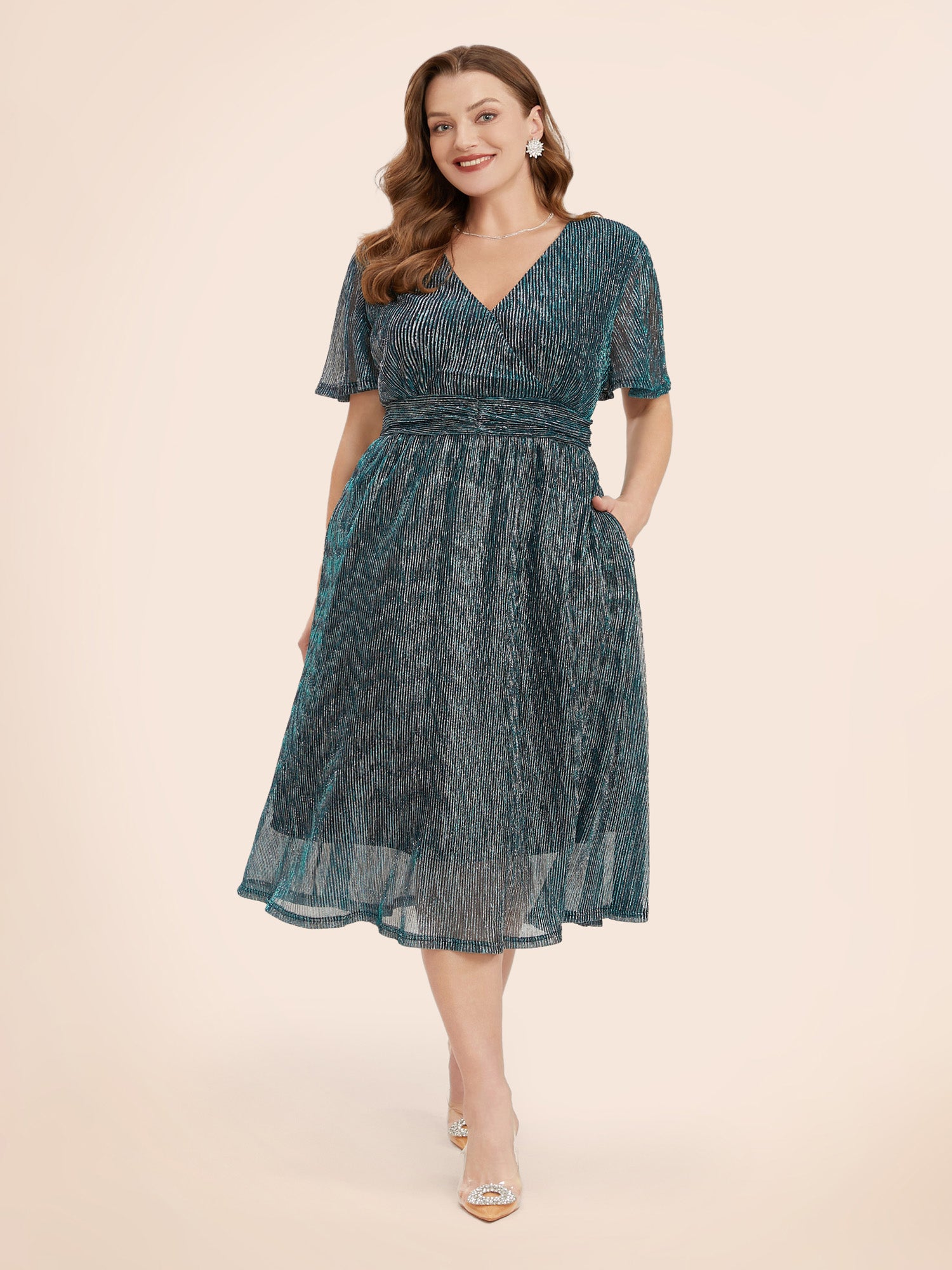 Glitter Mesh Surplice Neck Ruffle Sleeve Pocket Midi Dress