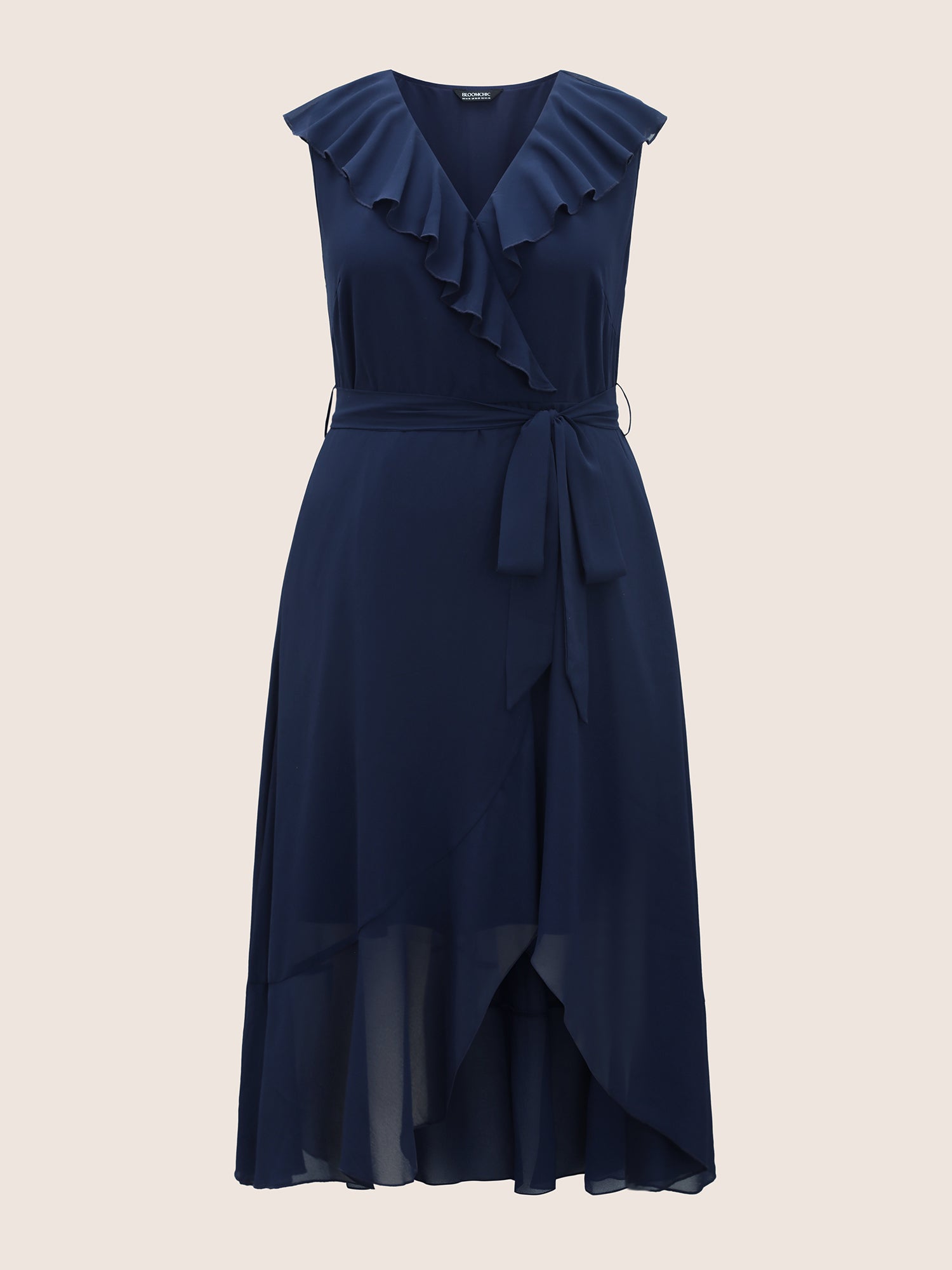 Chiffon Overlap Collar Ruffle Trim Dress