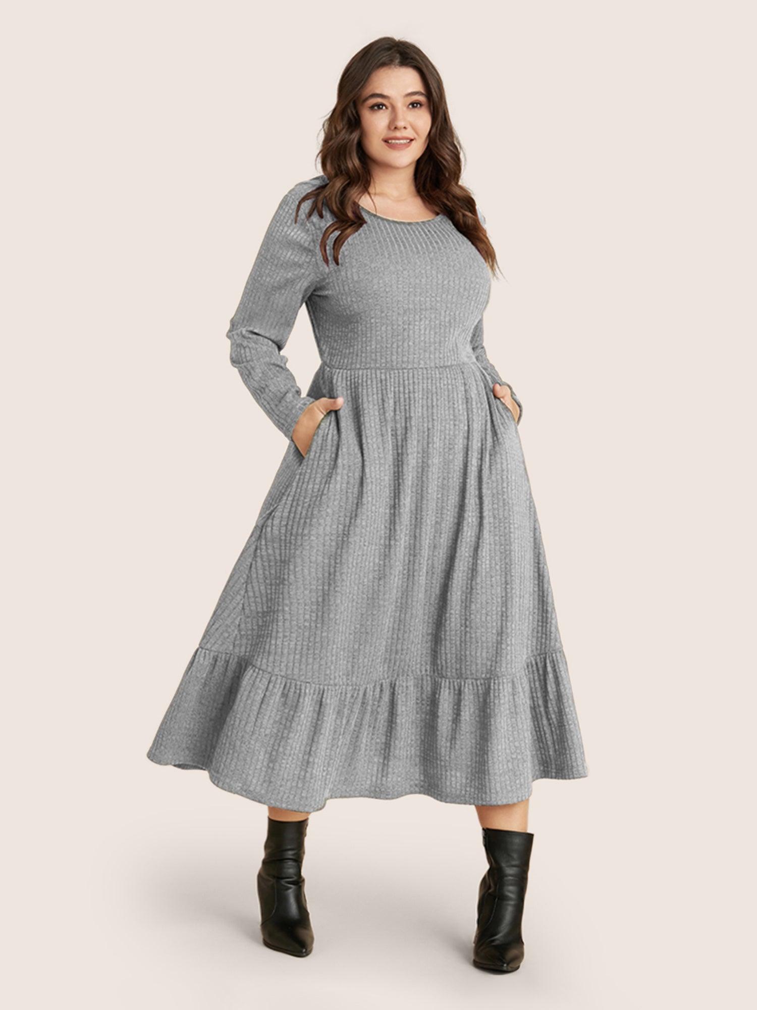 Solid Pocket Rib Knit Ruffle Hem Dress Without Belt
