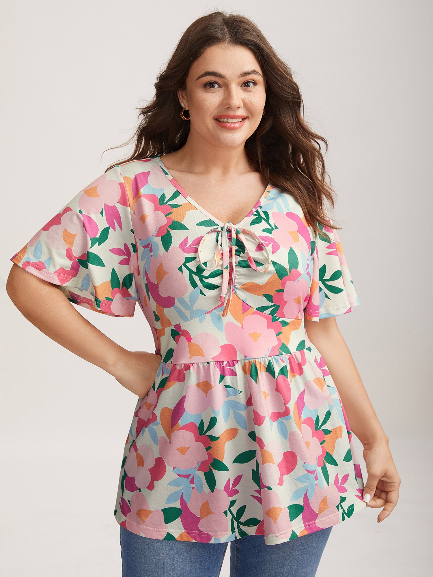 Groovy Floral Print Cinched Bust Top