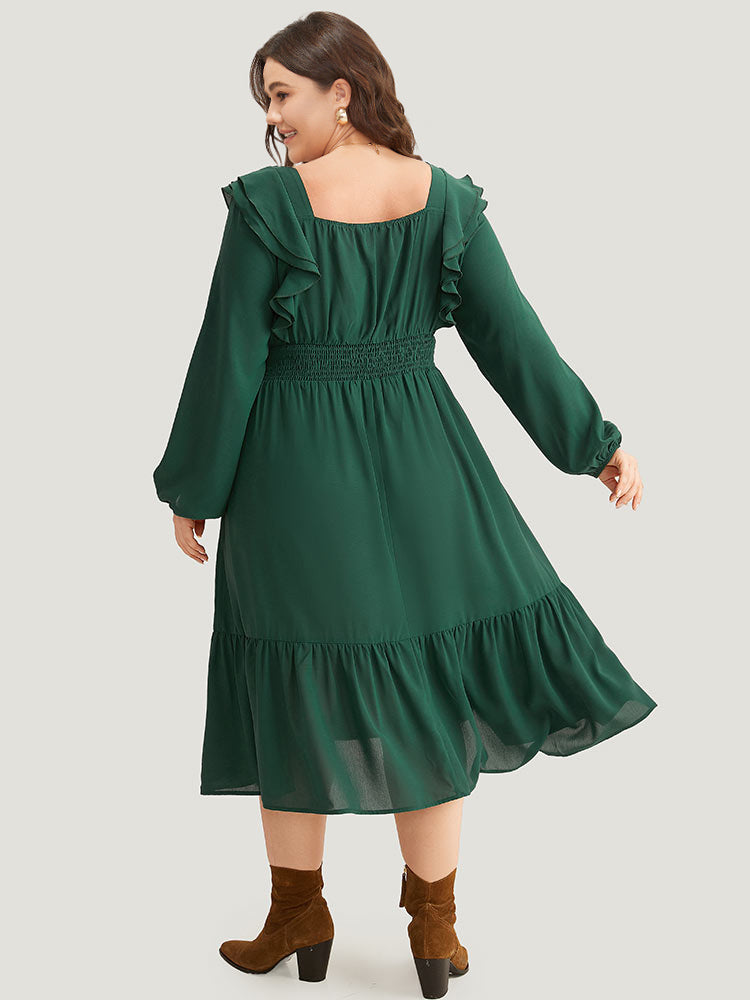 Solid Shirred Ruffle Trim Pleated Dress