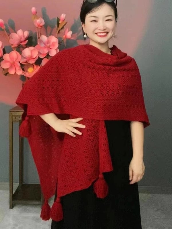 New Autumn And Winter Hooded Butterfly Flower Solid Color Knitted Hollow Temperament Warm Shawl Retro Travel Outerwear