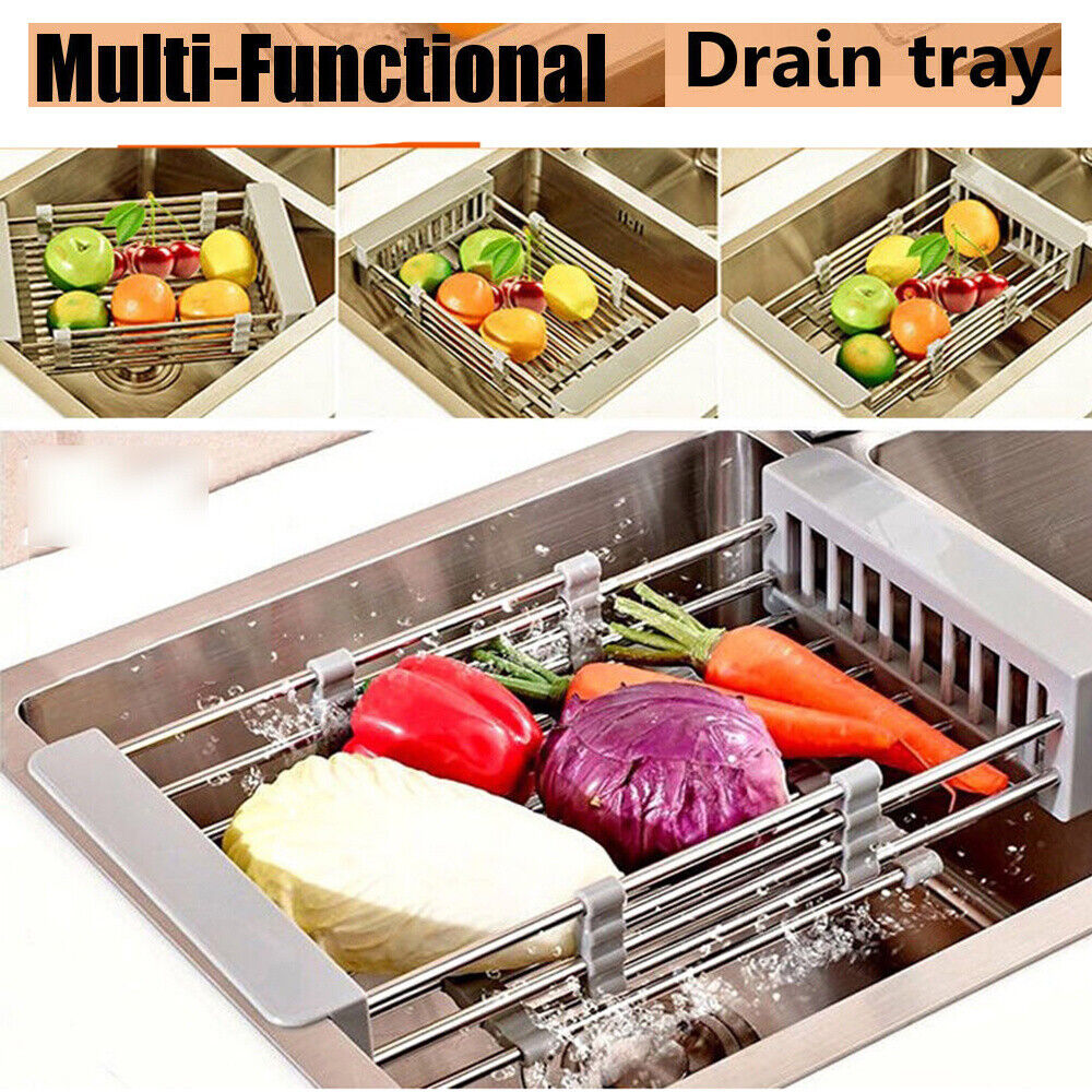 Stainless Steel Kitchen Sink Dish Drainer Counter Dish Drying Rack Collapsible Over The Sink