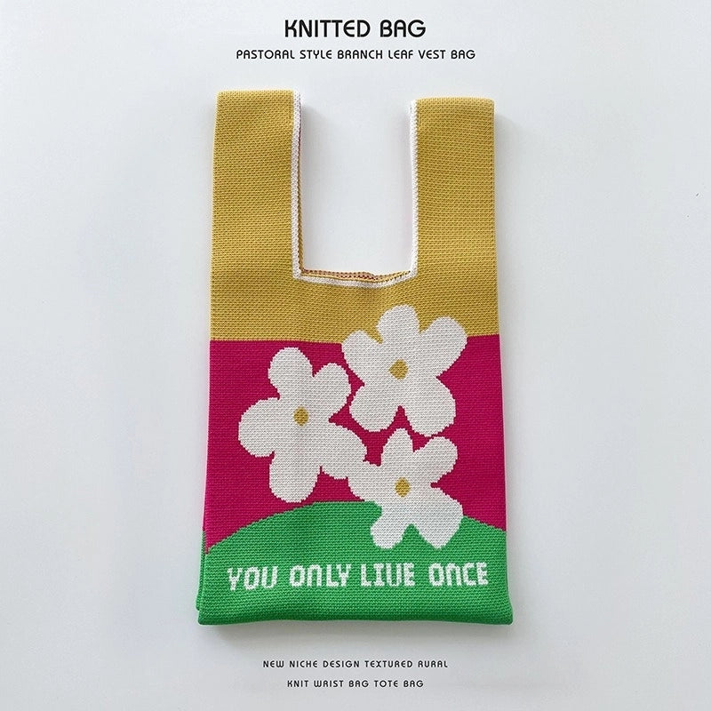 Women's Medium Knit Letter Flower Cute Vintage Style Square Open Handbag