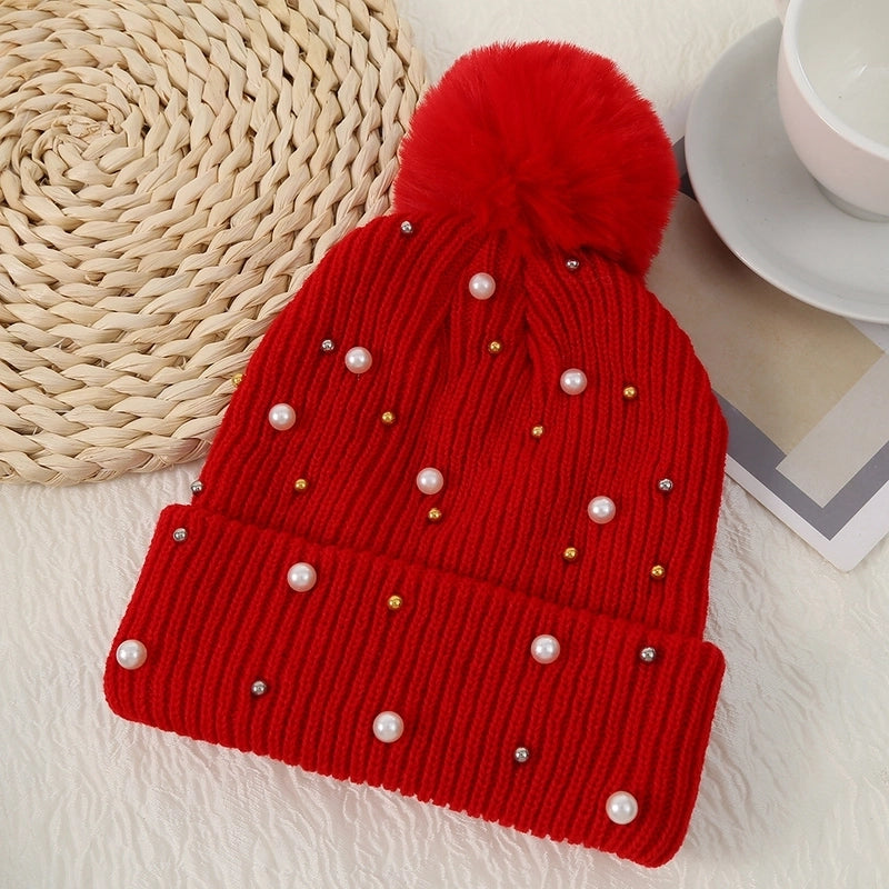Women's Basic Sweet Minimalist Solid Color Pom Poms Pearl Eaveless Wool Cap