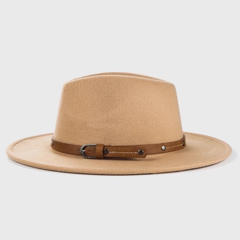 Retro Woolen Hats For Men And Women Belt Metal Buckle Felt Hat Simple Big Brim Jazz Hat