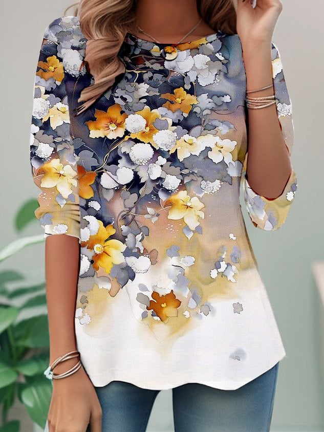 Floral Crew Neck Casual Loose T-Shirt