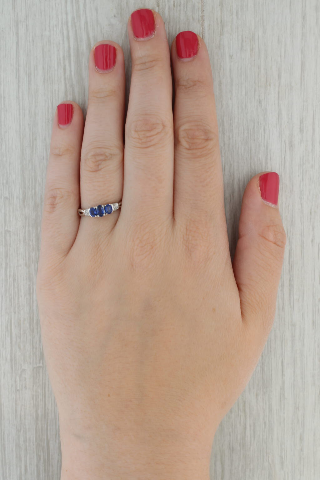 0.95ctw Lab Created Sapphire 3-Stone Ring 10k White Gold Size 9 Diamond Accents