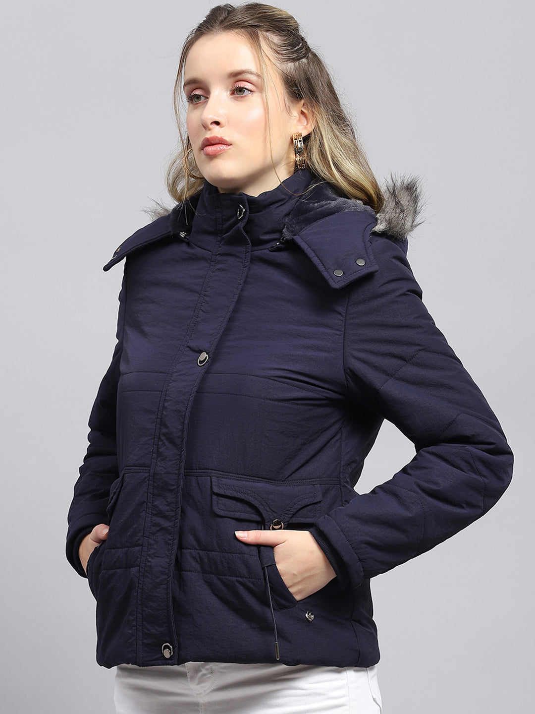 Women Navy Blue Solid Detachable Hood Full Sleeve Jacket