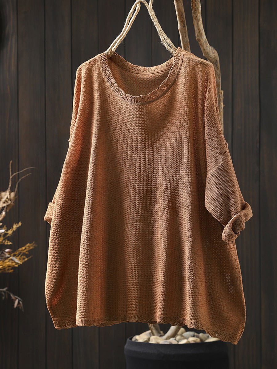 Women Summer Artsy Pure Color Knitted O-Neck Shirt