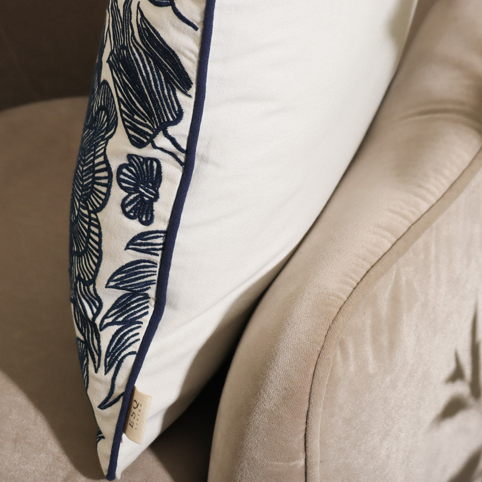 Flora Embroidered Cushion Cover - Dark Blue