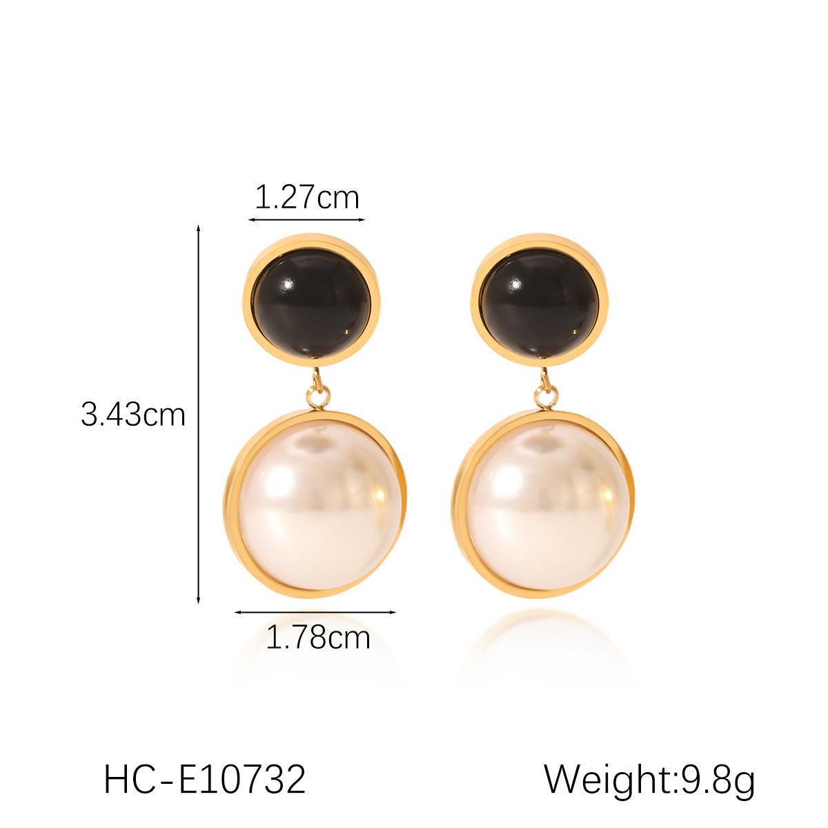 Retro Round Earrings Design Stainless Steel Inlaid Obsidian Earrings Half-Circle Pearl Earrings