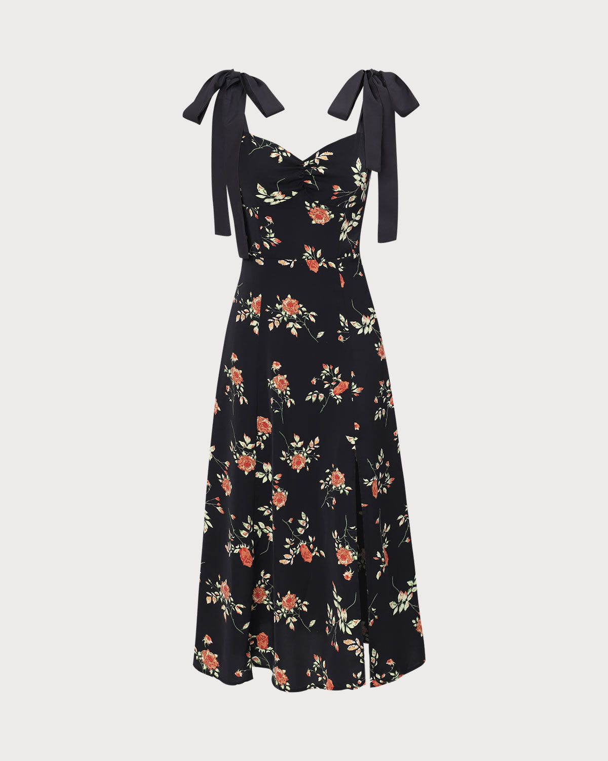 The Black Floral Ruched Tie Strap Slit Midi Dress