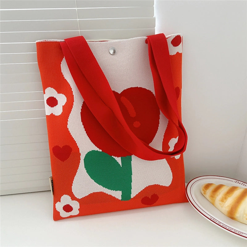 Women's Medium Knit Cartoon Flower Cute Square Lock Clasp Underarm Bag