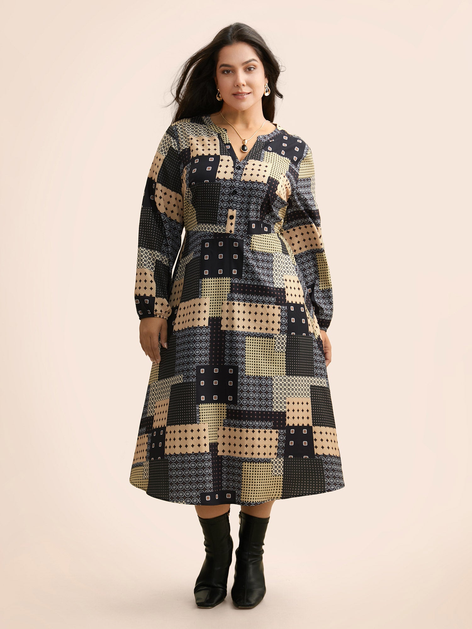 Colorblock Contrast Notched Lantern Sleeve Dress