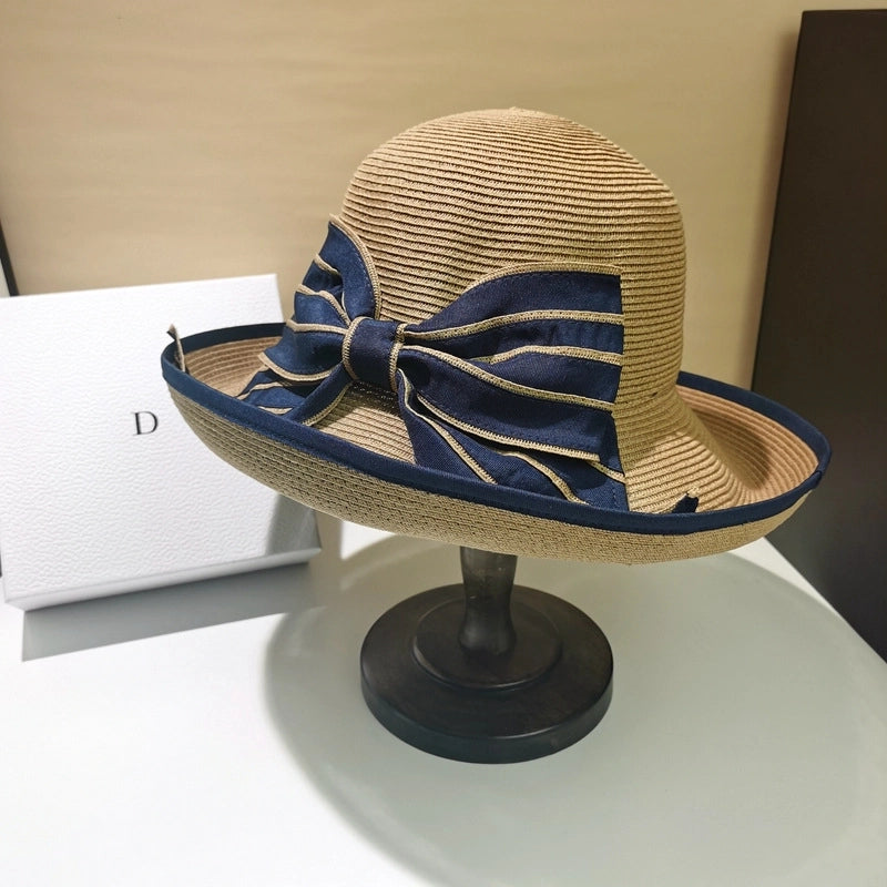 Women's Basic Pastoral Minimalist Bow Knot Wide Eaves Straw Hat