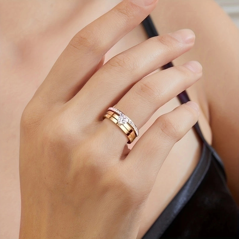 Elegant Minimalist Solid Color 304 Stainless Steel Zircon Gold Plated Plating Inlay Rings