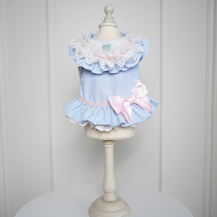 Sweet Lace Collar Striped Bow Dog Cat Dress
