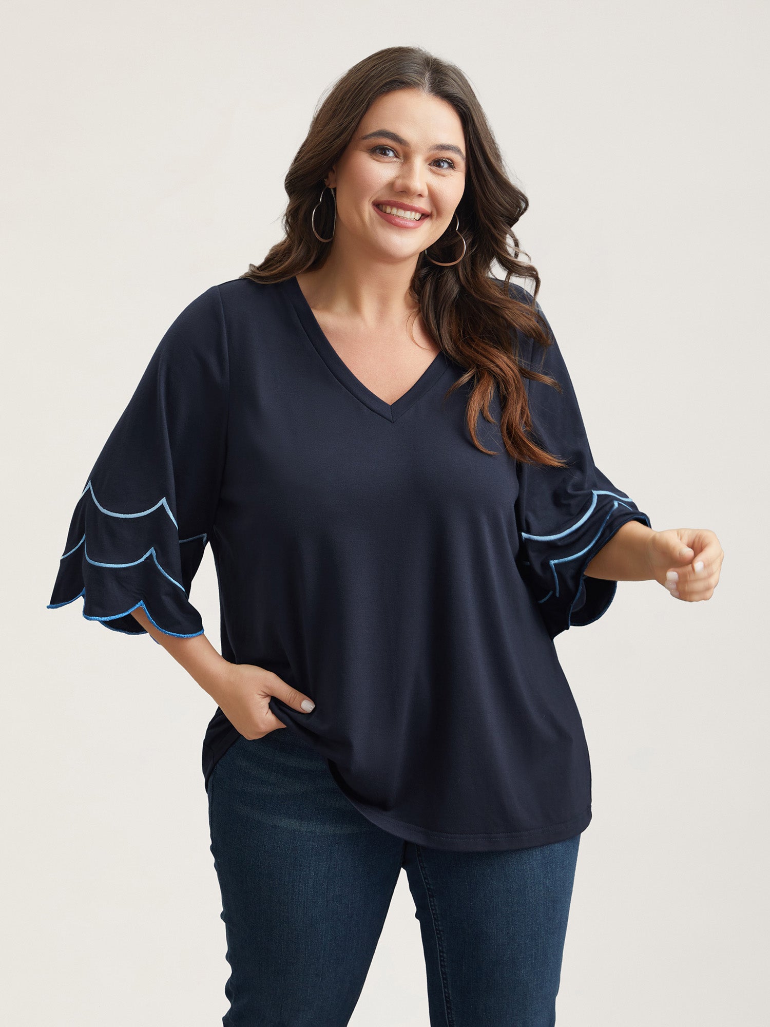 Embroidered Trumpet Sleeve V-Neck T-Shirt
