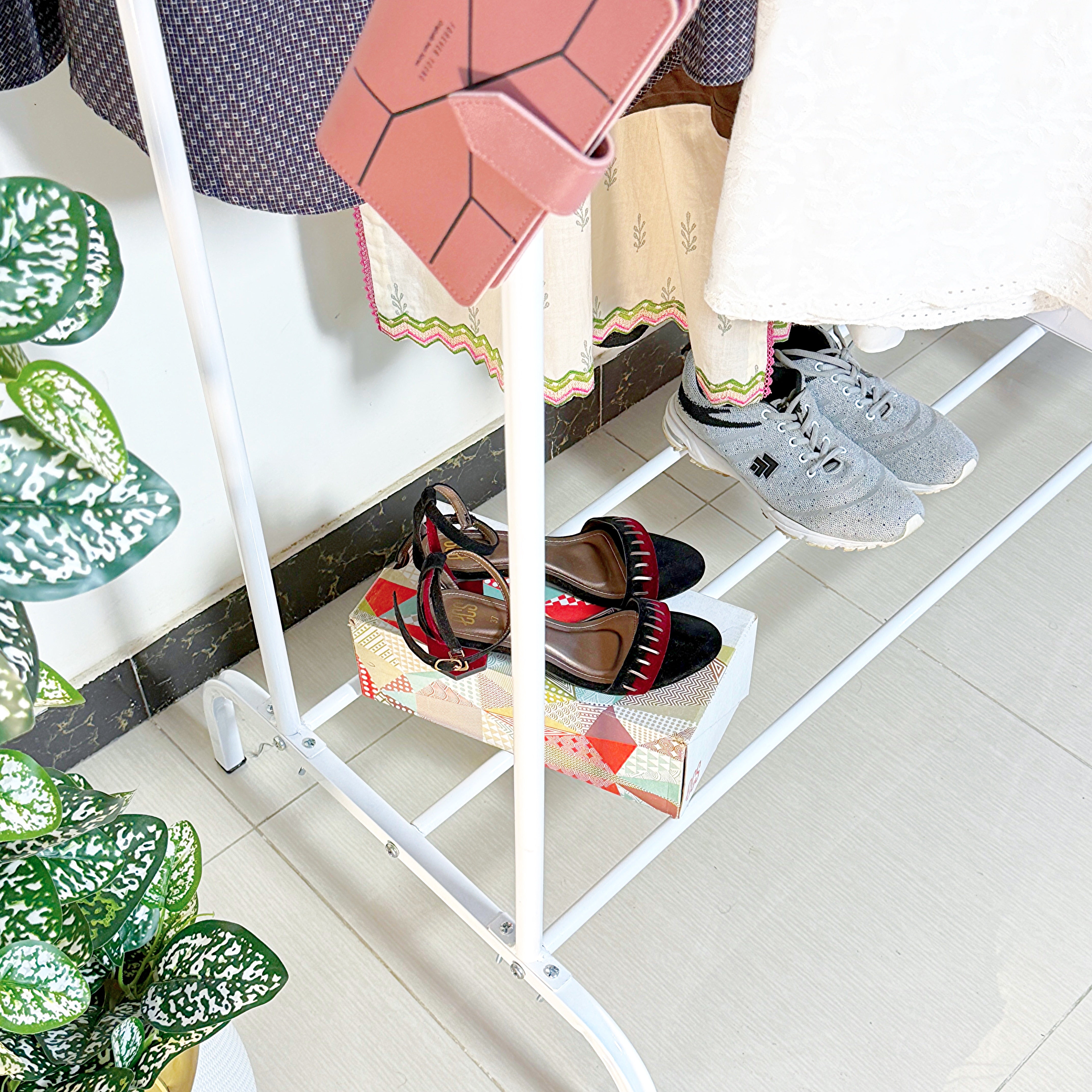 Space-Saving Metal Clothes Stand by Matrix (D) – With Side Storage Shelves & Hooks