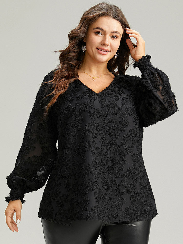 Plain Appliques Mesh V Neck Shirred Blouse