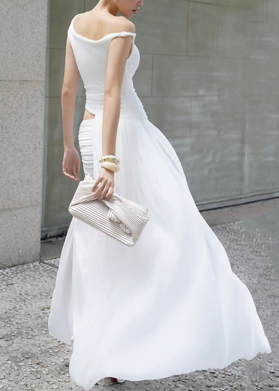 Chic White Asymmetrical Wrinkled Side Open Cotton Dress Summer