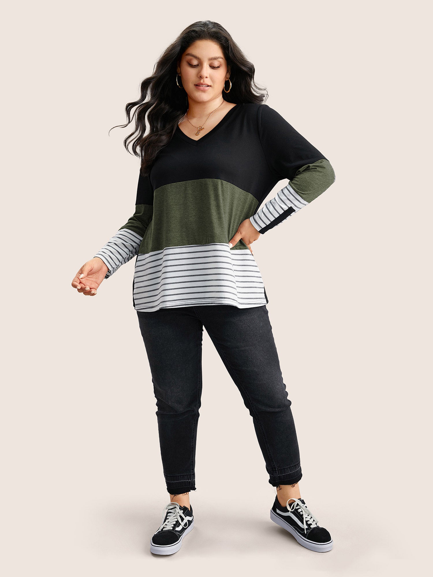 Colorblock Contrast Striped V Neck T-shirt